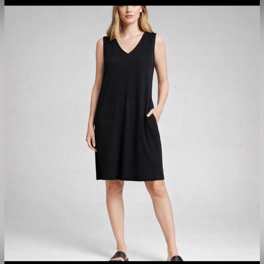 Eileen Fisher Black Sleeveless Shift Dress Minimalist Knit Tunic Dress Size M